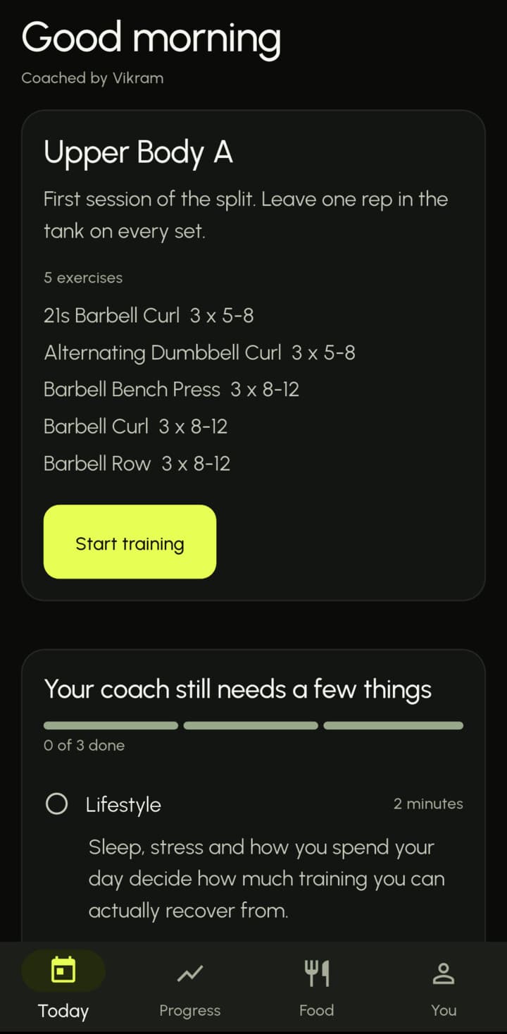 The AlphaCoachOS client app Today screen showing the Upper Body A session and a Start training button